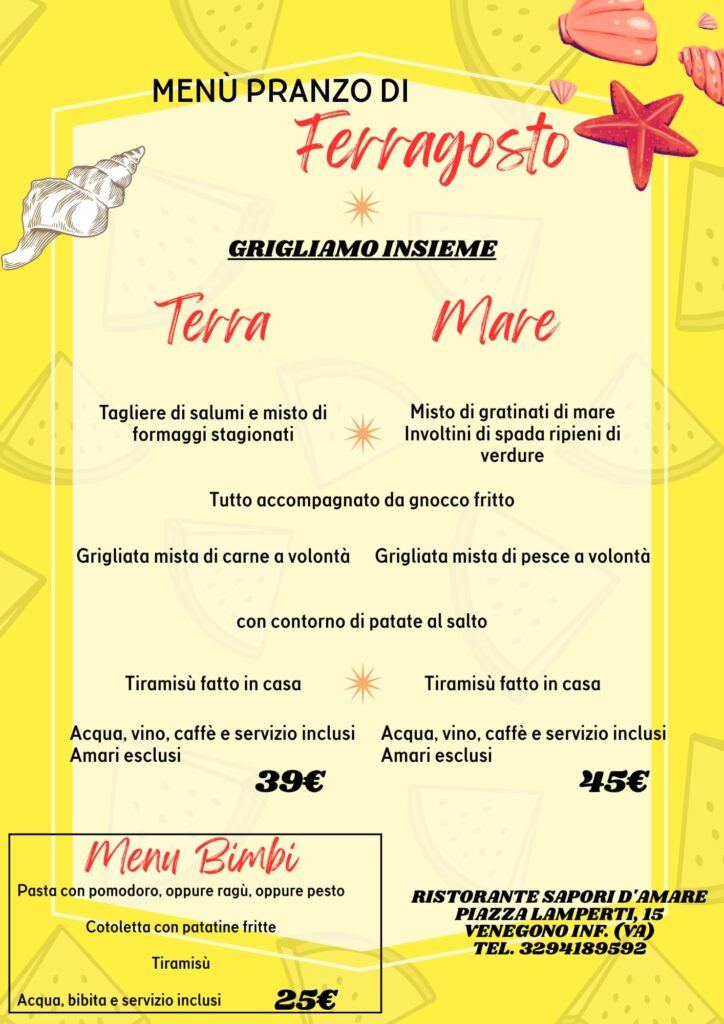 Menù di Ferragosto del Ristorante Sapori d’Amare a Venegono Inferiore con proposta di terra, mare e bambini