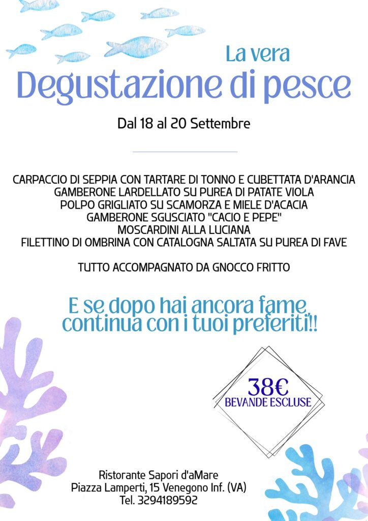 Degustazione di pesce a Venegono Inferiore dal 18 al 20 settembre da Sapori d’Amare